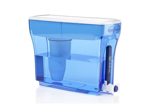 Clear blue ZeroWater dispenser.